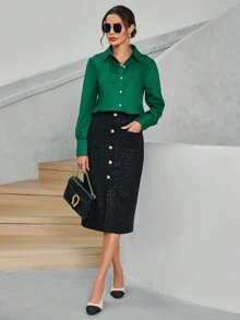 SHEIN Privé 素色百褶細節前紐扣襯衫 - 墨綠色 - 查看 3