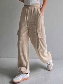 DAZY Túi nắp bên cạnh Eo dây rút Quần thể thao - Màu be - Xem 1