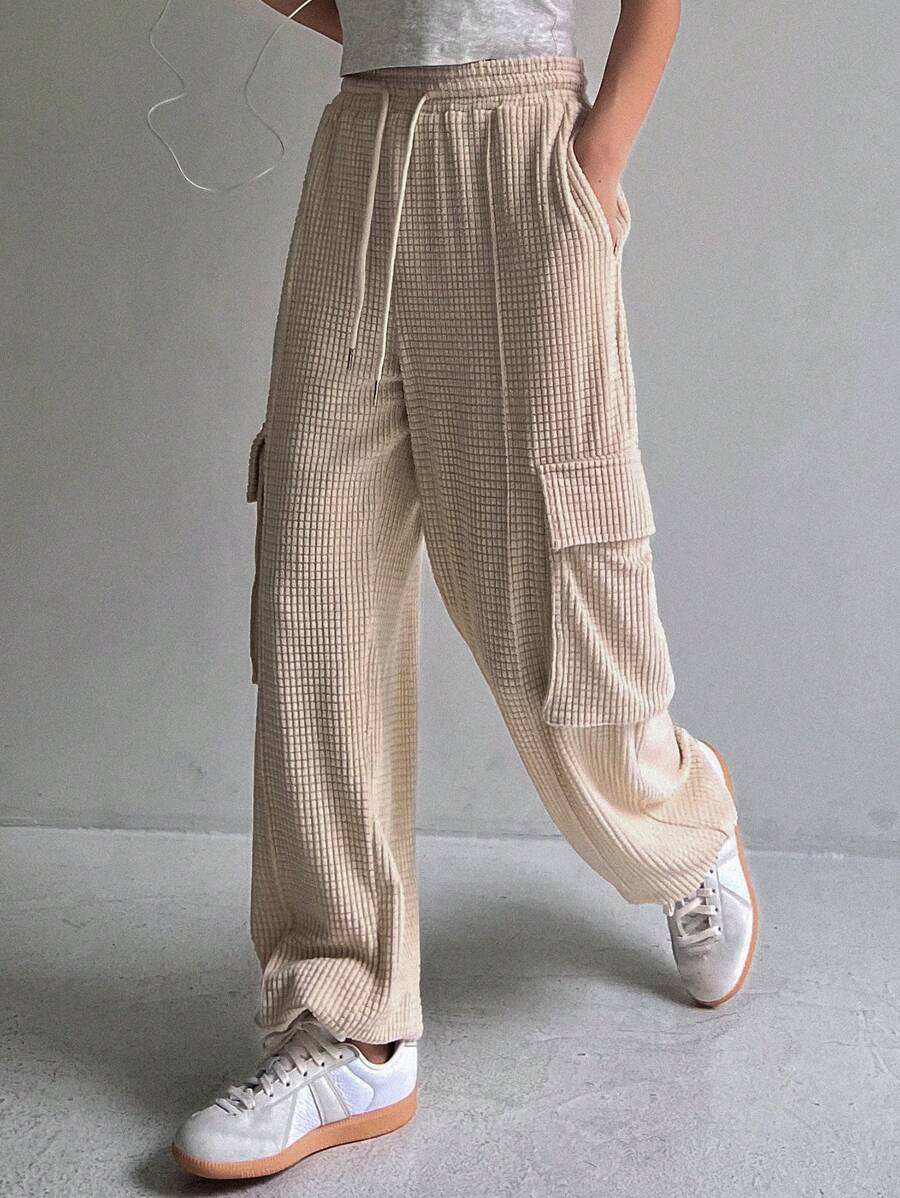 DAZY Túi nắp bên cạnh Eo dây rút Quần thể thao - Màu be - Xem 1