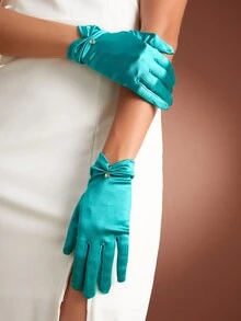 SHEIN Belle 1pair Rhinestone Decor Pleated Evening Short Gloves - Dark Green - View 2