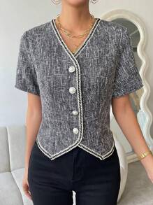 SHEIN Privé Contrast Trim Button Front Jacket - Black and White - View 4