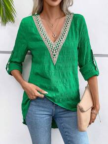 SHEIN LUNE Contrast Guipure Lace Roll Tab Sleeve Wrap Hem Blouse - Green - View 4