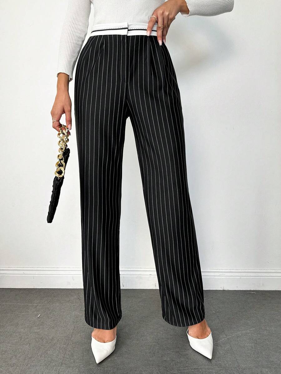 SHEIN Cottnline Striped Print Slant Pocket Straight Leg Suit Pants - Black - View 1