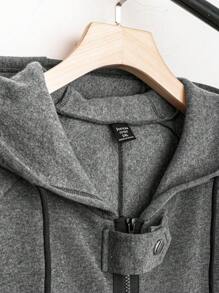 SHEIN LUNE Plus Zip Up Drawstring Hooded High Low Hem Coat - Dark Grey - View 5