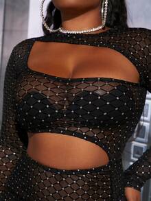 Slaydiva Rhinestone Studded Cut Out Front Bodycon Dress - Black - View 3