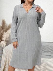 SHEIN LUNE Hơn Tách đùi Đồ đan Ribbed Đầm Không có thắt lưng - Xám - Xem 5