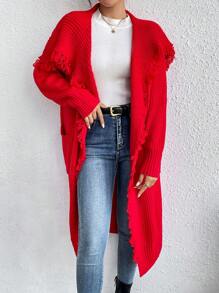 SHEIN Essnce Túi Kép Viền rìa Thả vai Áo len Duster - Đỏ - Xem 6