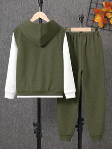 SHEIN 休閒撞色 字母男童（大）兩件套 - 墨綠色 - 查看 2