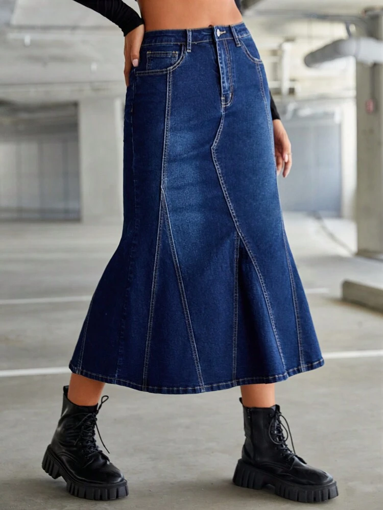 High Waist Mermaid Hem Denim Skirt