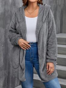 EMERY ROSE Plus Size Autumn And Winter Super Thickened Double Fleece Warm Jacket Women's Fall Women Geometric Pattern Reversible Hooded Fleece Jacket With Pockets