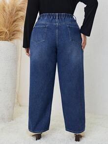 SHEIN LUNE 大碼蕾絲拼接直筒牛仔褲 - 中等水洗藍 - 查看 2