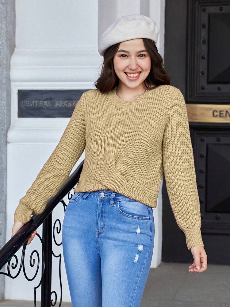 Teen Girl Wrap Cross Ribbed Knit Sweater