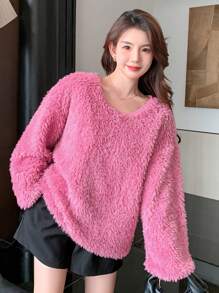 DAZY Solid Drop Shoulder Oversized Fluffy Knit Tee - Pink - View 8