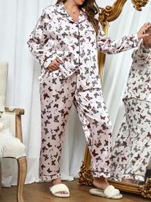 大碼蝴蝶圖案拼接滾邊緞面睡衣套裝 - 淺粉色 - 查看 6