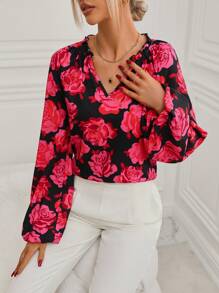 SHEIN LUNE Floral Print Lantern Sleeve Blouse - Black - View 5