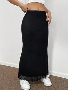 SHEIN EZwear Chất rắn Ren Mộc nhĩ Nàng tiên cá Hem Lưới Váy - màu đen - Xem 4