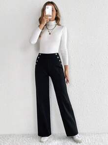 SHEIN Tall 紐扣細節直筒褲 - 黑色 - 查看 5