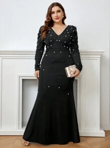 SHEIN Belle 大碼珍珠串珠魚尾裙下擺正式洋裝 - 黑色 - 查看 4