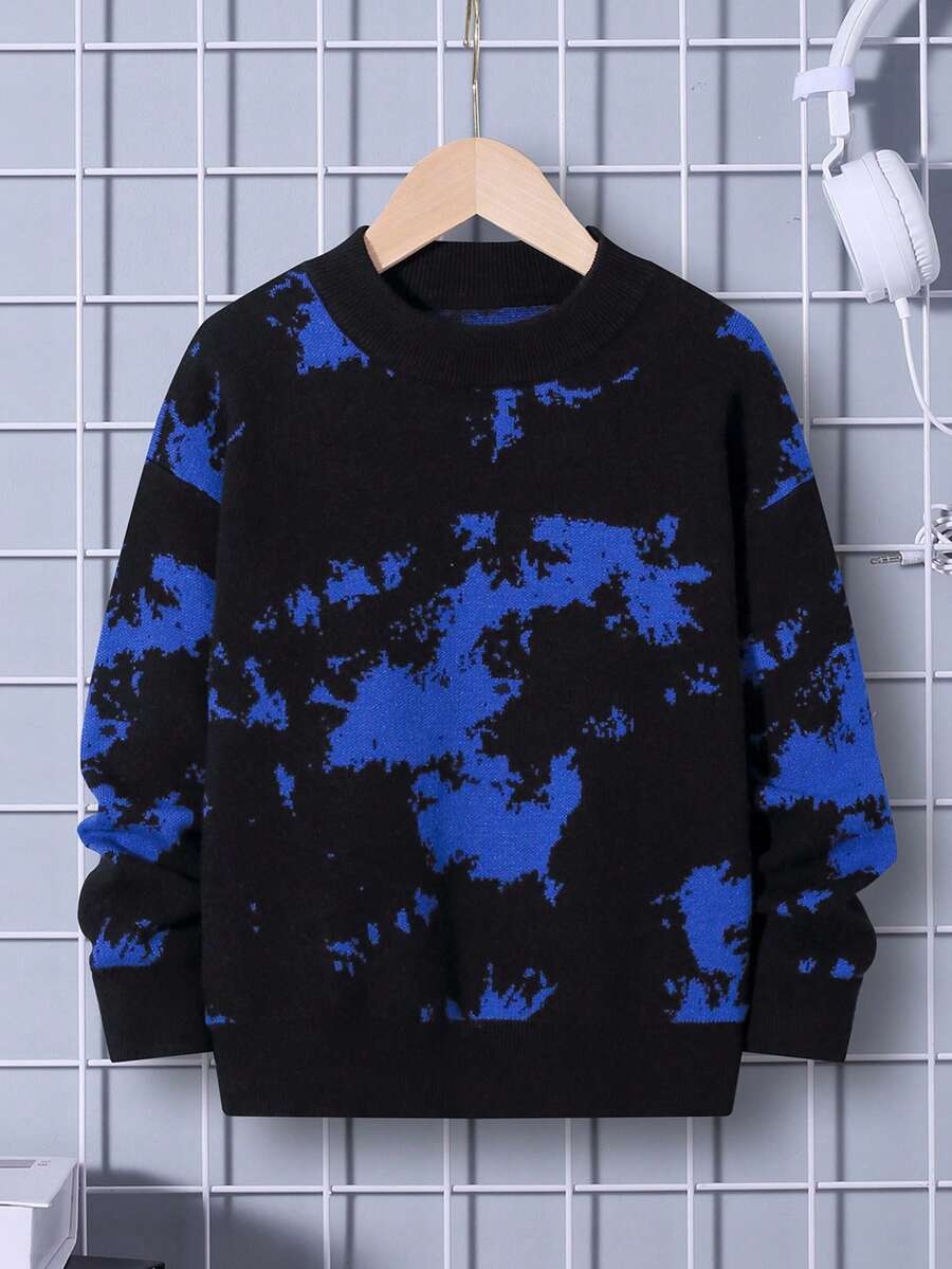 SHEIN Tween Boy Tie Dye Drop Shoulder Sweater - Black - View 1