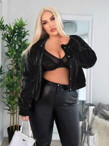 SHEIN SXY Plus Flap Detail Drop Shoulder Crop Jacket - Black - View 3