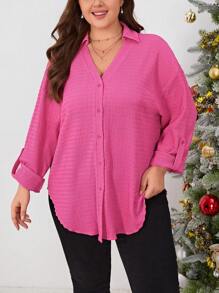 SHEIN LUNE 大碼捲邊袖弧形下擺襯衫 - 玫紅色 - 查看 3