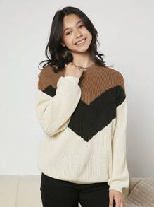 SHEIN 青少年女孩撞色落肩袖套頭毛衣 - 彩色 - 查看 5