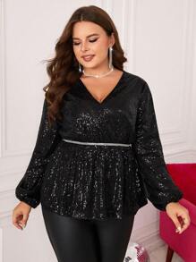 SHEIN Clasi 大碼燈籠袖亮片荷葉邊下擺襯衫不附腰帶