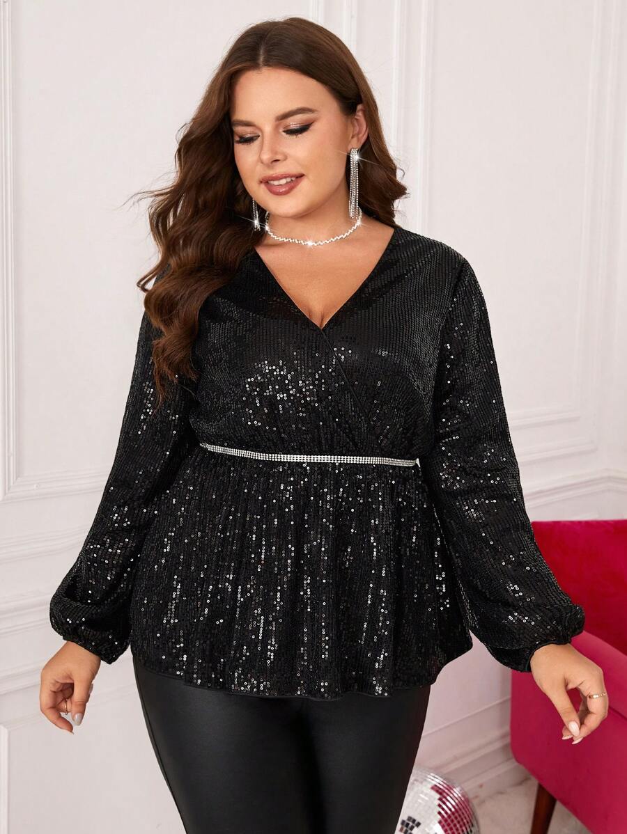 SHEIN Clasi 大碼燈籠袖亮片荷葉邊下擺襯衫不附腰帶