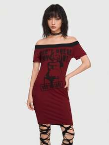 ROMWE Grunge Punk Khẩu hiệu & Hình ảnh Off Shoulder Váy liền áo vừa vặn - Nhiều màu - Xem 4