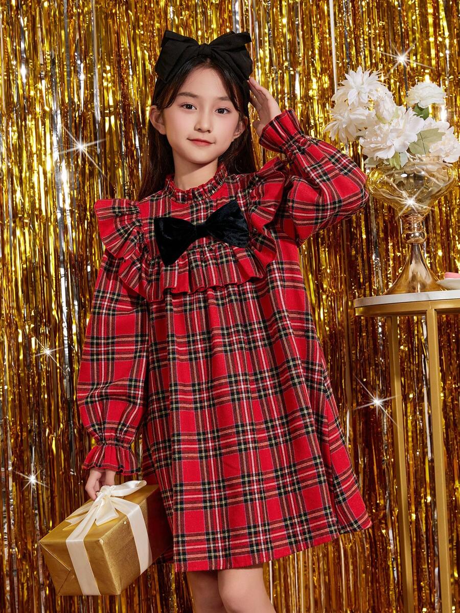 SHEIN Tween Girl Tartan Print Ruffle Trim Bow Front Dress, For Christmas - Multicolor - View 1