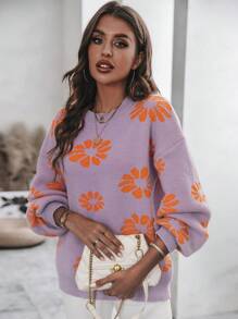 SHEIN LUNE Floral Pattern Drop Shoulder Sweater Knit Pullover Fall Winter Outfit