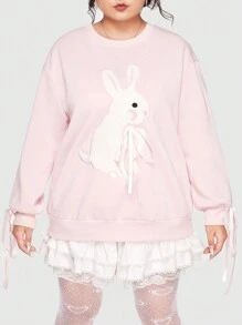 ROMWE Kawaii Plus Rabbit Embroidery Drop Shoulder Sweatshirt - Pink - View 7