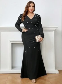 SHEIN Belle 大碼珍珠串珠魚尾裙下擺正式洋裝 - 黑色 - 查看 2