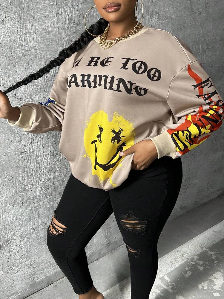 Plus Cartoon & Letter Graphic Drop Shoulder Sweatshirt