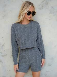 EURMUSE Solid Color Twist Knitted Drop Shoulder Sweater And Shorts Set - Grey - View 4