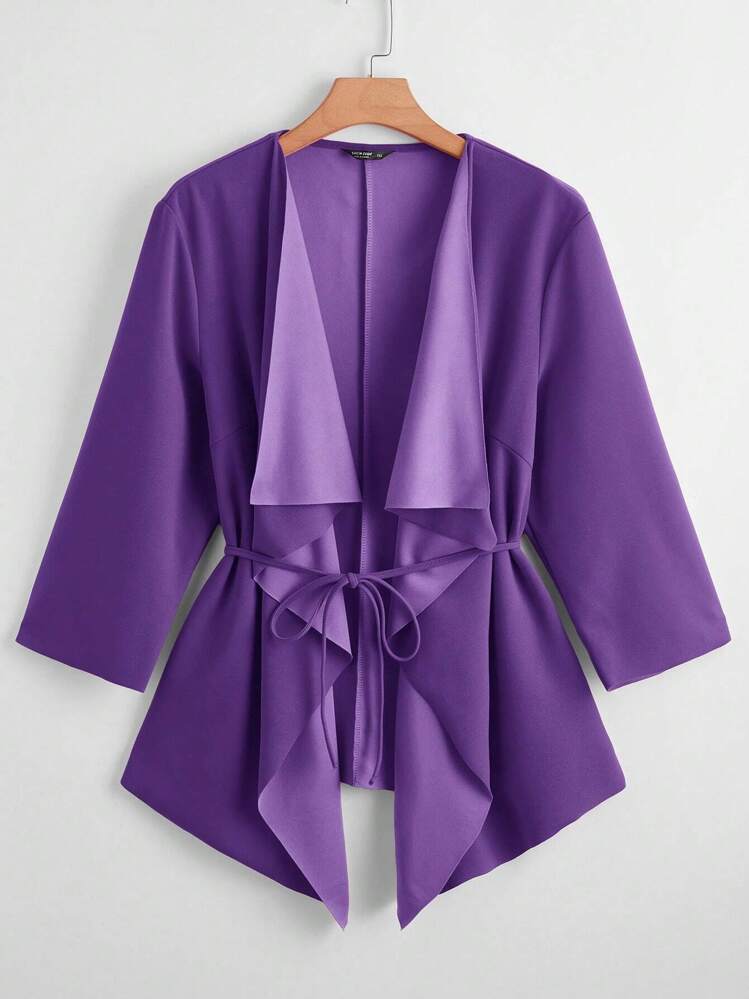 SHEIN Clasi Talla grande Abrigo de cuello cascada con cinturón - Morado - Ver 1