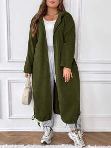 SHEIN Frenchy Áo nỉ cỡ lớn có khóa kéo, vai rớt, gấu áo có dây rút - xanh quân đội - Xem 4