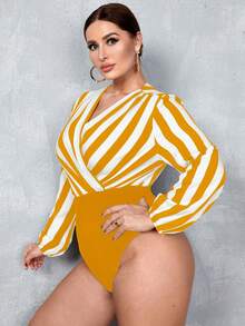 SHEIN Clasi 大碼條紋印花燈籠袖連身背心 - 黃色 - 查看 4