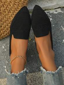 2025 秋季大码 36-45 新款时尚优雅银色蝴蝶结尖头平底乐福鞋，休闲一脚蹬轻便舒适防滑包头女式平底鞋，多种图案 - 黑色 - 查看 6