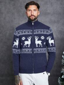 GENTILAND 男士聖誕麋鹿&雪花圖案拉鍊開襟衫 - 藏蓝色 - 查看 6