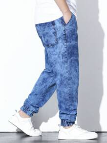 Extended Sizes Nam Plus Dây Rút Eo Quần Jogger Jean Dài Giặt Denim Quần Jogger Jean Hàng Hóa Đồng Bằng Xanh Da Trời Tập Luyện Kích Thước - Màu xanh lam - Xem 4