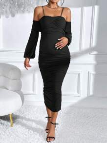 SHEIN Maternity Cold Shoulder Ruched Bodycon Dress - Black - View 3