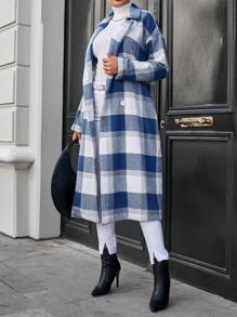SHEIN Cottnline Buffalo Plaid Double Breasted Overcoat - Blue - View 3
