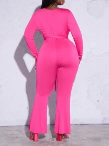 Slaydiva Plus Plunging Neck Belted Jumpsuit - Hot Pink - View 2