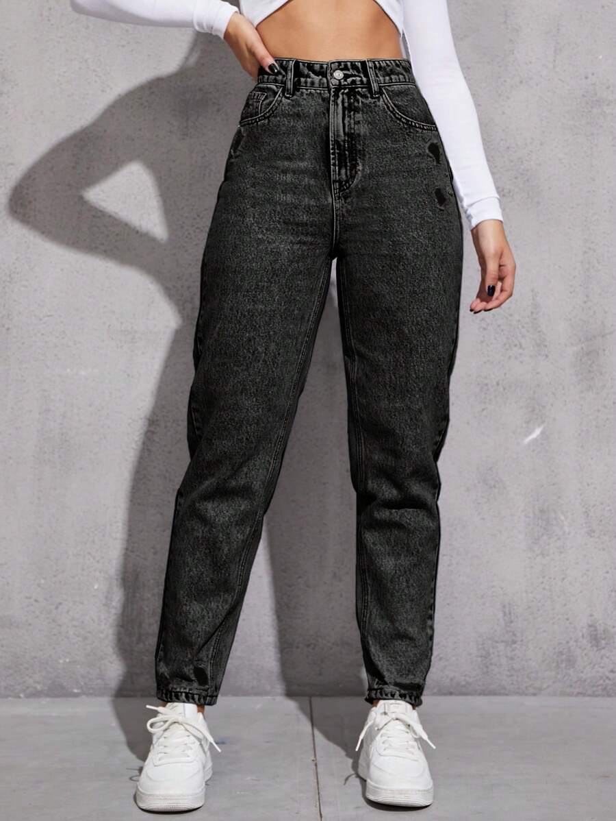 SHEIN EZwear 高腰媽媽牛仔褲 - 深灰色 - 查看 1