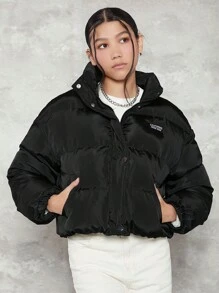 SHEIN 少女字母拼接落肩衬垫大衣 - 黑色 - 查看 5