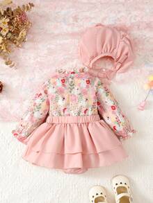 Baby Girl Floral Print Flounce Sleeve 2 In 1 Dress & Hat - Multicolor - View 2