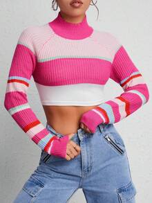 SHEIN PETITE 條紋圖案插肩袖短款毛衣 - 彩色 - 查看 5