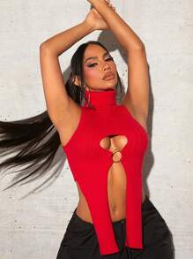 SHEIN SXY 高領露肩不對稱下擺背心短上衣 - 紅色 - 查看 5