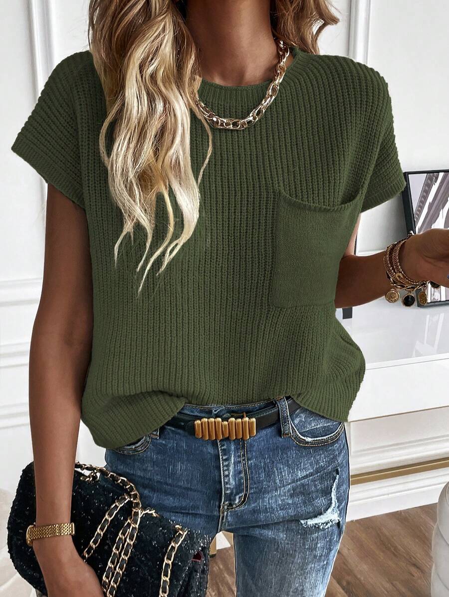 SHEIN LUNE Solid Pocket Patched Knit Top - Army Green - View 1